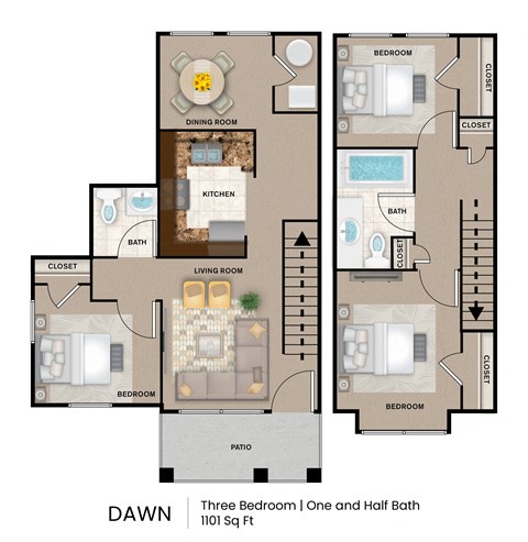 Floor plan for 3 beds, 1.5 baths, 1101 sqft